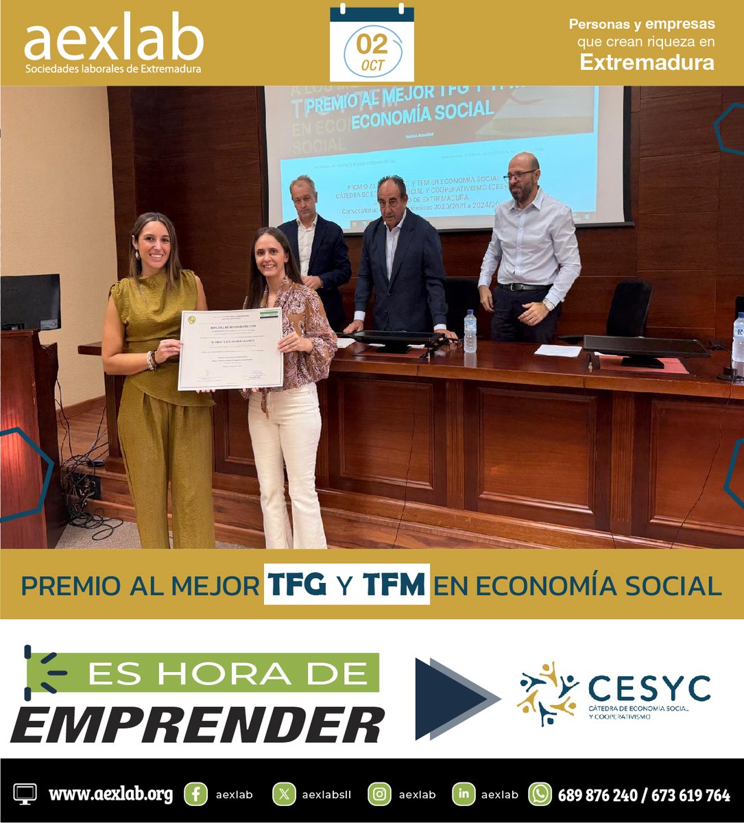 aexlabsll's tweet photo. Reconociendo el talento y el compromiso con la Economía Social Extremeña.

Desde AEXLAB, hemos tenido el placer de participar en la entrega de los Premios al Mejor TFG y TFM en Economía Social, impulsados por la Cátedra de Economía Social y Cooperativismo (CESyC) de la @infouex https://t.co/RLHQ70sxbx