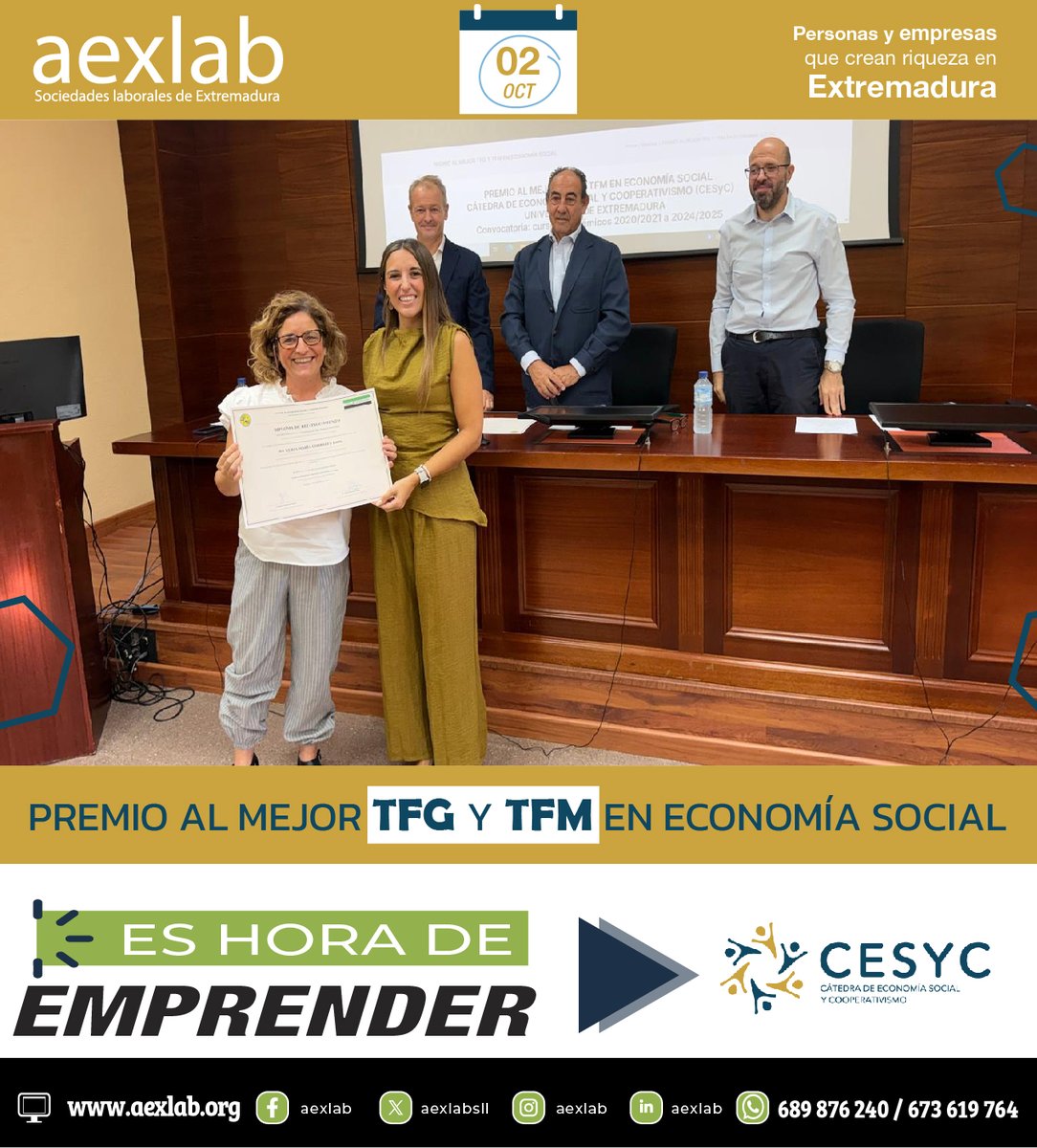aexlabsll's tweet photo. Reconociendo el talento y el compromiso con la Economía Social Extremeña.

Desde AEXLAB, hemos tenido el placer de participar en la entrega de los Premios al Mejor TFG y TFM en Economía Social, impulsados por la Cátedra de Economía Social y Cooperativismo (CESyC) de la @infouex https://t.co/RLHQ70sxbx