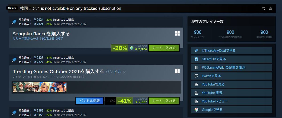 pogelwerfer's tweet photo. Steamで発売された戦国ランスの人気の程を確認してみたらちょうど900人と切りがいい数字でした。海外のゲームコミュニティでも「伝説のエロゲーがSteamで復活」とそこそこ話題になっていた気がしましたが、数字としては割と低調ですね。 https://t.co/PhOGrD94iv