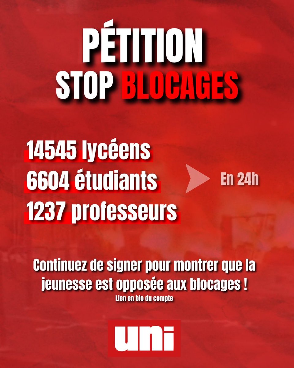 droiteuniv's tweet photo. 🚨 ÉNORME ! Près de 22 000 personnes ont signé notre pétition en 24 h pour dire STOP aux blocages !

🛑 Continuez à la signer ! Montrons à la France entière que la jeunesse est anti-blocage et anti-LFI !

Signez la pétition ! ⬇️ https://t.co/QXW6tNmqVk