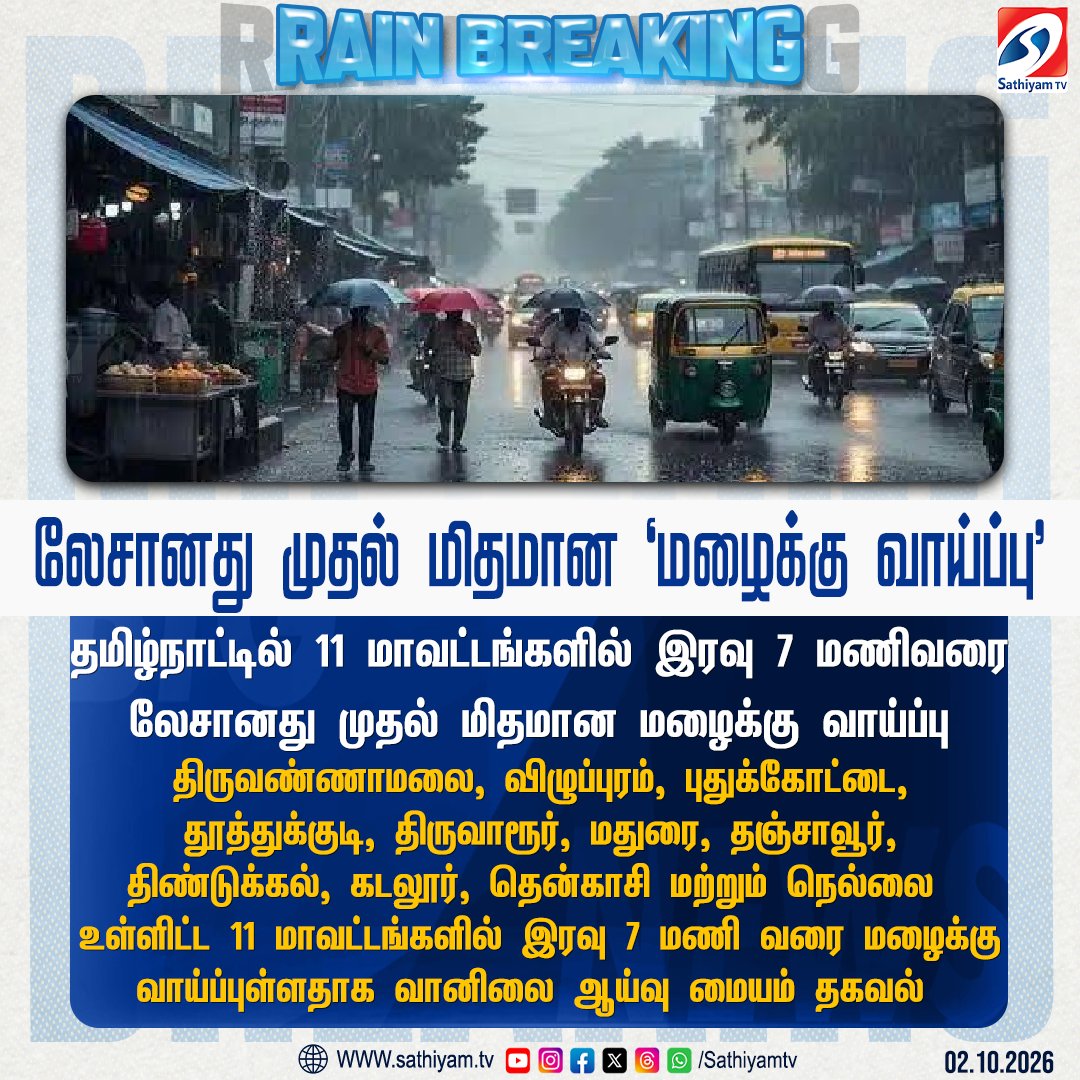 sathiyamnews's tweet photo. தமிழ்நாட்டில் 11 மாவட்டங்களில் இரவு 7 மணிவரை லேசானது முதல் மிதமான மழைக்கு வாய்ப்பு
#rain #rainalert #sathiyamtv #sathiyamnews https://t.co/4JE48FEW6O