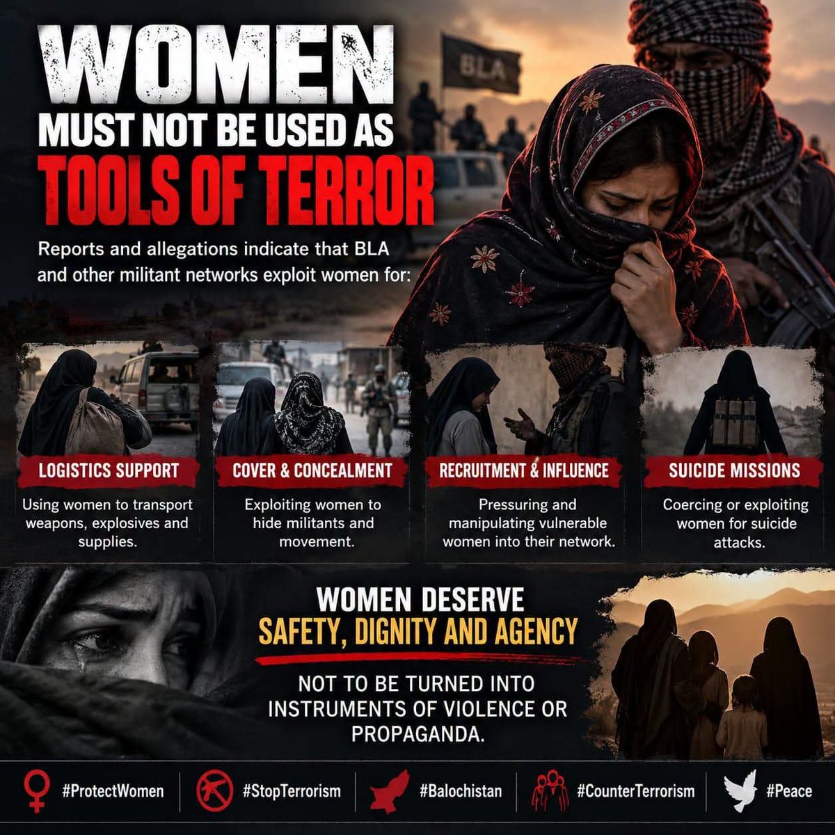 Zebabalochh44's tweet photo. Women, Not Weapons
Militant networks must not exploit women for violence, recruitment or propaganda. Their dignity, safety and agency must come first.
#WomenNotWeapons #StopTerrorism #EndExtremism #ProtectWomen https://t.co/iwDLT4qcnG