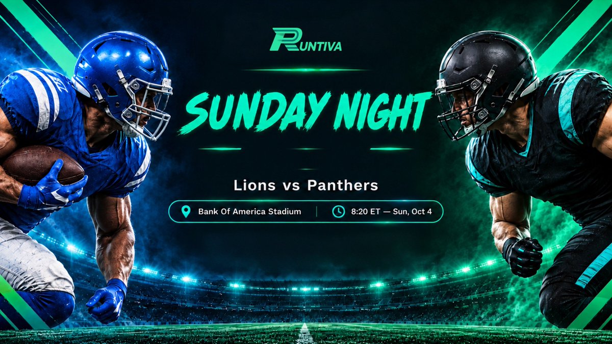 runtiva's tweet photo. Sunday Night action is here! 🏈 The Lions take on the Panthers at Bank Of America Stadium this Sunday, Oct 4 at 8:20 ET. Get ready for a primetime showdown under the lights. Set your fantasy lineups and join the game on Runtiva! 
👇   Link to join: https://t.co/JOhOyINBM9
#DetroitLions #KeepPounding #SNF #Runtiva #FantasyFootball