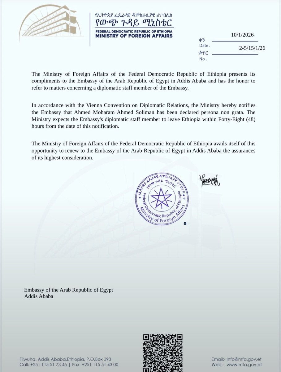 SuleimanDedefo's tweet photo. Egypt bears significant responsibility for the current diplomatic crisis. Its reported support for armed proxies and the deployment of mercenaries against Ethiopia have placed the region at risk, even as the Ethiopian government has exercised restraint. Egyptian leaders cannot pursue confrontation through local actors and then expect normal diplomatic relations to continue unchanged.

In this context, Ethiopia’s decision to reduce Egyt's diplomatic representation in Ethiopia is a measured and legitimate response. It signals that Ethiopia will defend its sovereignty and national interests while leaving the door open to relations based on mutual respect, non-interference, and good-faith diplomacy.