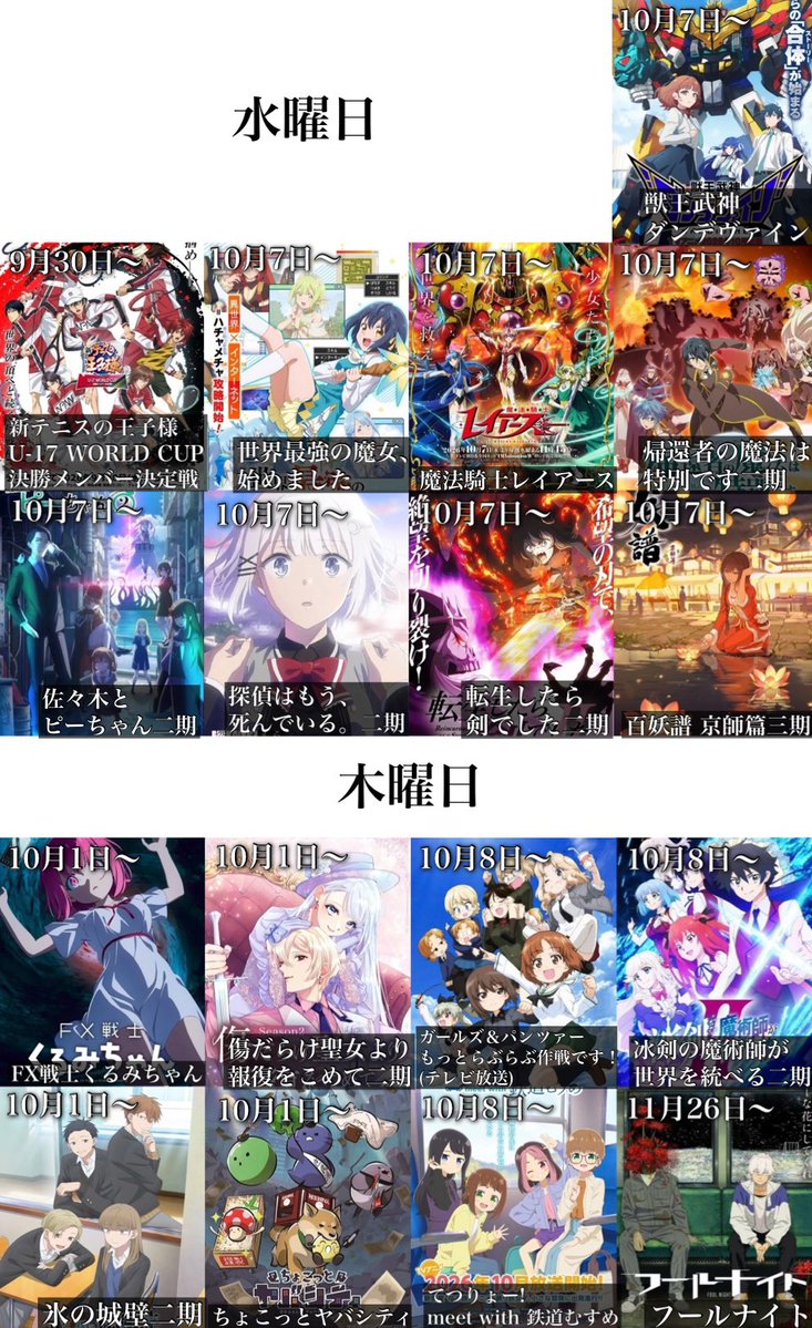 toarutoa's tweet photo. 2026年秋アニメの放送日と曜日別一覧(2/2) https://t.co/n67foWkxxo