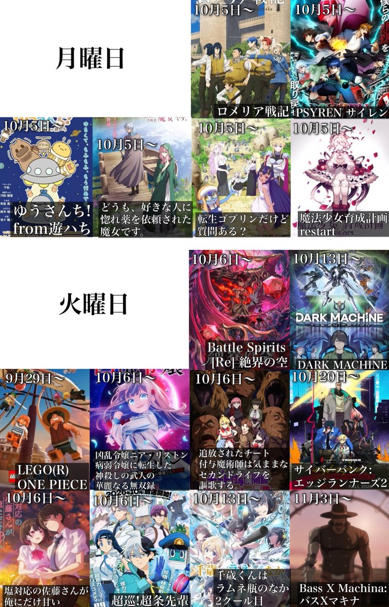 toarutoa's tweet photo. 2026年秋アニメの放送日と曜日別一覧(2/2) https://t.co/n67foWkxxo