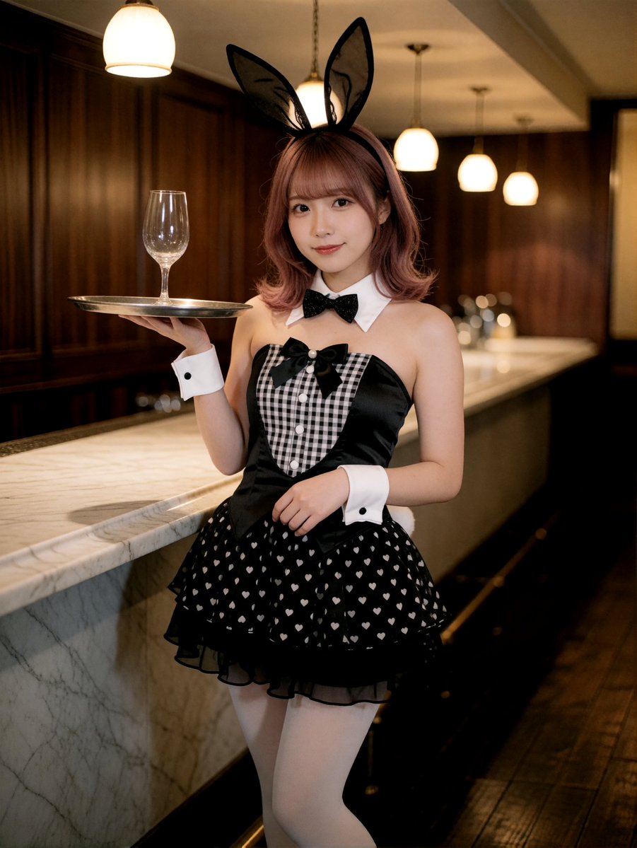 uta_nekosui's tweet photo. 「ギンガムバニー」は、スカートが二重のフリルで、外側にちいさなハートが散ってるんだぁ。黒の中に、シャツを1枚着てるみたいにギンガムをのぞかせたの。

まひるちゃん（@mahiru_dayon）と令奈さん（@reina_matcha）にも着てもらったよ。

プロンプトはリプに置いておくよ👇（コピペOK）

#唄の衣装部屋 をつけて投稿してね（引用でもうれしいな）🐱

#衣装プロンプト #AIイラスト #AIフォトアイドル #バニーガール