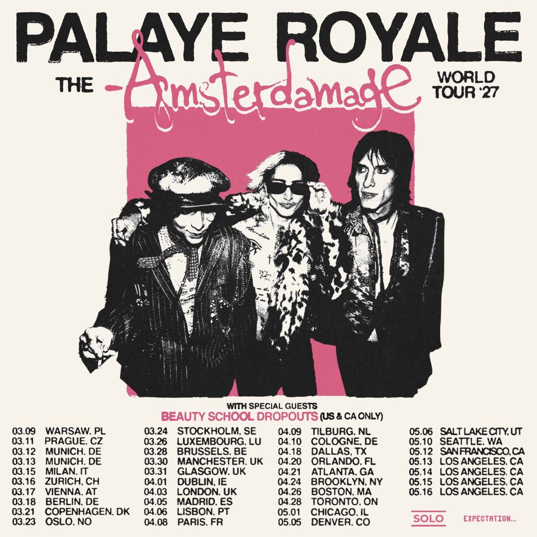 PalayeRoyale's tweet photo. WELCOME TO AMSTERDAMAGE.

Our sixth studio album, Amsterdamage, arrives January 22nd, 2027. To celebrate, we are taking this beautiful madness around the world with THE AMSTERDAMAGE WORLD TOUR ’27.

https://t.co/pdn86TjOhO

Pre-order Amsterdamage by 5pm BST on Monday October 5th to gain exclusive first access to tickets before the general public.

A new chapter. A new world. A little more everything.

Europe, United Kingdom, North America - we are coming for you first. Bringing our dear friends Beauty School Dropout along for the North American dates.

The next chapter of Palaye Royale begins here.

With love always,
Sebastian, Remington & Emerson x
