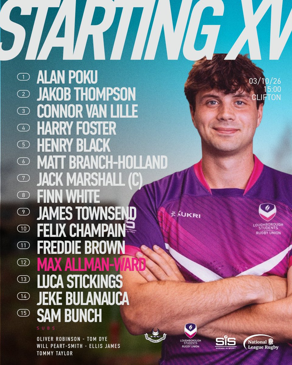 LboroRugby's tweet photo. TEAM ANNOUNCEMENTS 📣
Our two teams running out tomorrow, Nat 2 travels to Clifton whilst our Saturday 2nd team goes to Syston 💪
#NationalLeagueRugby #CLIvsLOU #africanviolet #lwow https://t.co/ycwGgUEpto