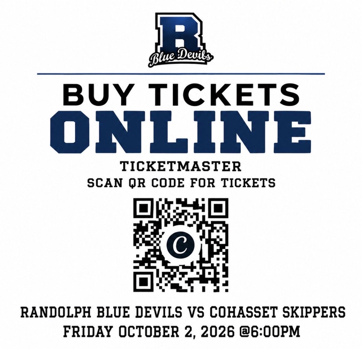 BlueDevilsRHS's tweet photo. 🚨It is Game Day‼️Varsity Blue Devils go toe to toe with Cohasset High School Skippers tonight @6:00PM 🏈. Scan QR code on next page for tickets. First 25 fans will receive a free t-shirt. Let’s Go Blue Devils‼️#WinnersDoMore https://t.co/G7WowjOHjt