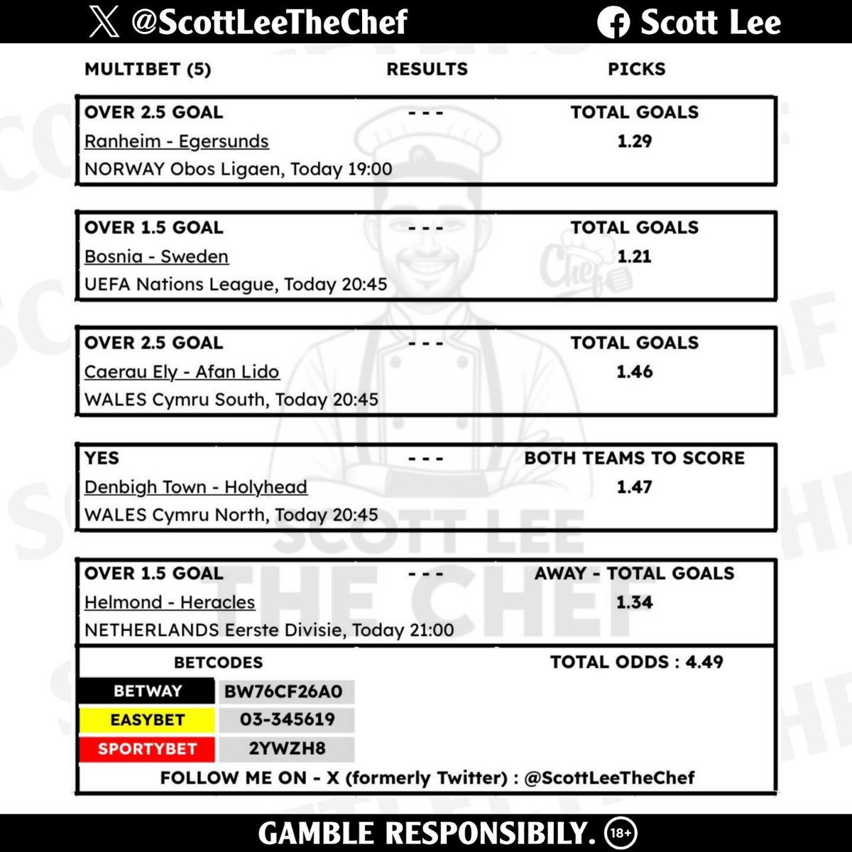 ScottLeeTheChef's tweet photo. ⚽️ 4 ODDS | LATE BET

💛 Easybet Code —> 03-345619
🤍 Betway Code —> BW76CF26A0
❤️ Sportybet Code —> 2YWZH8

📲 Join My WhatsApp Channel : https://t.co/61opLOTkWD

👨🏽‍🍳. | @ScottLeeTheChef https://t.co/M2VRfa9t4t