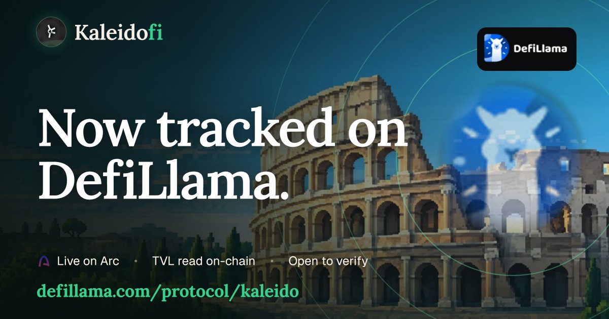 kaleido_finance's tweet photo. Kaleido is now on DefiLlama.

Kaleido Swap and Kaleido Lending are both tracked on @DefiLlama, live on Arc mainnet.

The numbers come straight from the chain: pool balances for swap, and what the lending contract holds. Anyone can check them.

Early days, small numbers, all verifiable.

https://t.co/NTzGIlNu4W