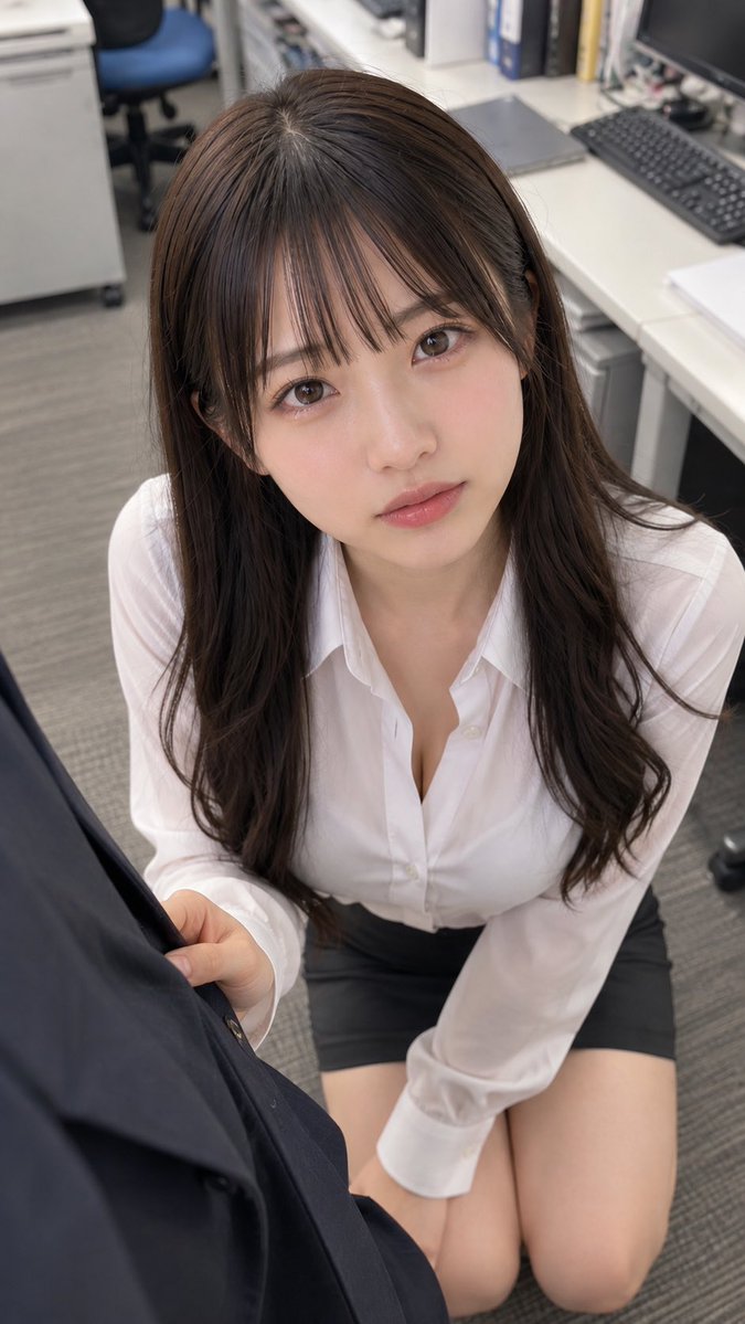 yukawaAIart's tweet photo. 仕事で部下がミスしたとして、こんな顔されたら怒れないわな。。。

プロンプトは↓
（参照画像付けてね）
#AIart️️️️️️️️️️️️️️️️️️️️️️️️️️️️️️️️️️️️️️️️️️️️️️️️️️️ #AI美女　

【人物参照】
別途指定する成人女性の参照画像を使用する。

参照画像の顔立ち、輪郭、目・鼻・口・眉の形や配置、髪型、髪色、前髪、肌のトーン、体型など、人物固有の外見的特徴をできるだけ忠実に維持する。
生成画像を見たとき、参照画像と自然に同一人物だと分かる再現性を最優先する。
一般的なAI美人顔への置き換え、過度な美化、別人化を避ける。

参照画像の服装・背景・ポーズ・撮影場所・照明は引き継がず、人物の容姿のみを参照する。
人物は明確に成人した女性として描写する。

【シーン】
明るい現代的なオフィス。
仕事上の大きなミスについて上司から厳しく注意された直後、責任を感じて謝罪している成人女性OL。

女性は上司のすぐ近くで低い姿勢になり、上司を見上げている。
目元には涙がわずかに溜まり、泣くのをこらえている。
頬は少し赤く、申し訳なさ、緊張、不安が入り混じった自然な表情。

片手で男性上司のスーツの裾付近を軽くつかんでいる。
上司は画面の端にスーツ姿の身体の一部だけが写り、女性が主役になる構図。

【衣装】
清潔感のある白い長袖ブラウス。
黒系の膝丈オフィススカート。
自然なオフィスメイク。
落ち着いた赤系リップ。

【構図・撮影】
縦長9:16。
フォトリアル、高解像度。

男性上司側のスマートフォンから撮影したような一人称視点。
女性より少し高い位置から見下ろすハイアングル。
女性はカメラ＝上司をまっすぐ見上げる。

女性の顔を最も重要な焦点とし、上半身から膝付近まで自然に画面へ収める。
距離は近めだが、不自然な超広角にはしない。
スマートフォン写真らしい自然な遠近感。
浅い被写界深度で女性の顔にピントを合わせる。

【背景】
現代的な日本のオフィス。
デスク、PC、キーボード、オフィスチェア、書類棚、ファイルなどを自然に配置。
背景は軽くボケさせ、女性を際立たせる。

【表現・品質】
実写写真のような自然な肌、髪、布地の質感。
過剰な美肌加工やCG感を避ける。
参照人物の顔の再現性を最優先。

自然な人体構造。
左右の腕・脚・手指を正確に描写。
余分な手足や指、融合した指、欠損した指、不自然な関節、身体の重複、歪んだ顔を避ける。
スーツをつかむ手と腕の位置関係を自然にする。

文字、字幕、ロゴ、透かしなし。