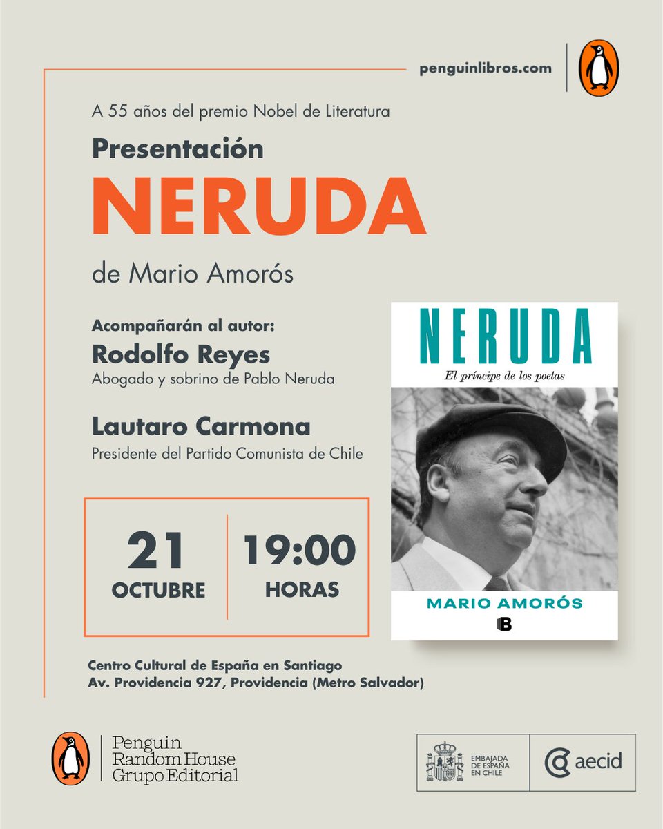 penguinlibroscl's tweet photo. AGENDA 🗓️

A 55 años del premio Nobel de Literatura, te invitamos a la presentación de "Neruda. El príncipe de los poetas", la biografía de Mario Amorós @MarioAmoros1973  

Te esperamos el miércoles 21 de octubre a las 19.00 horas en @CCESantiago 

Entrada liberada  - Venta y firma de libros