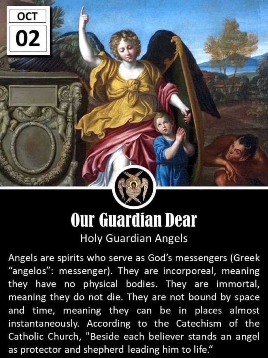 father_rmv's tweet photo. Today the Church celebrates the Memorial of the Holy Guardian Angels. Our Catholic Faith teaches that each person on earth has a guardian angel who watches over him and helps him to attain his salvation. This teaching is rooted in Sacred Scripture, notably in Matthew 18:10, where Jesus speaks of children, saying, "See that you do not despise one of these little ones. For I tell you that their angels in heaven always see the face of my Father in heaven."

Guardian angels serve multiple roles.

Protectors: They guard individuals against spiritual harm and physical dangers. They are often depicted in art as shielding children from harm or guiding lost travelers.

Guides: They help in navigating moral decisions, encouraging the person towards good actions and away from sin. They inspire thoughts, promptings, or even dreams that guide one's path in accordance with God's will.

Intercessors: Guardian angels are believed to offer our prayers to God, acting as a conduit for divine communication. They present our petitions to God and intercede on our behalf.

Comforters: In moments of despair or loneliness, Catholics might find solace in the presence of their guardian angel, offering comfort that one is never truly alone.

Many Catholics learn from a young age to pray to their guardian angel, with one of the most common and beautiful prayers being:

"Angel of God, my guardian dear,
To whom God's love commits me here,
Ever this day be at my side,
To light and guard, to rule and guide. Amen."

The existence of guardian angels also reflects deeper theological implications about the nature of God's care for humanity. It underscores a belief in a personal God who not only oversees the universe but is intimately involved in the minutiae of each life, providing individualized divine attention.

While some might view guardian angels as a quaint or antiquated belief, for many Catholics, they represent a living tradition that connects them to the Triune God in a very personal way. In contemporary times, where individual isolation can be profound, the idea of a guardian angel reassures believers of an unseen companionship and protection.

In essence, the Catholic belief in guardian angels encapsulates a hopeful narrative: that each person, no matter how small or insignificant they might feel, has a heavenly advocate, a silent companion on their spiritual journey, reflecting the boundless love and meticulous care of a loving, caring Heavenly Father.