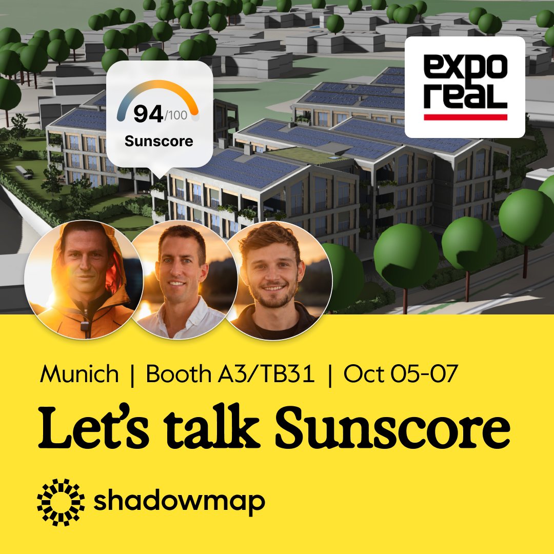 shadowmap_org's tweet photo. Shadowmap returns to Expo Real – with Sunscore 💯☀️

→ Built on real 3D data: buildings, trees, terrain, seasons
→ Already live on millions of listings via https://t.co/aP4Lc4Vgox
→ The next standard metric in real estate

Drop us a message or find us at booth A3/TB31 🤝 https://t.co/yuiR8uBvsV