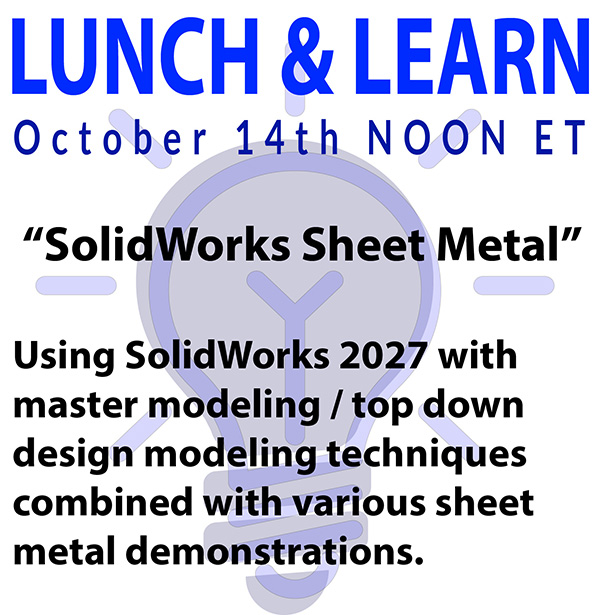 DesignEngine's tweet photo. Sheet metal SolidWorks training lunch-and-learn event announcement. Sign up now using this link. Pass the link around to coworkers. #SolidWorks #engineering #productdesgin #engineeringjobs #engineeringcareers

https://t.co/biXHvjLHA3 https://t.co/GBWVYMwAnF