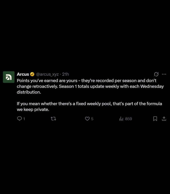 ProMint_X's tweet photo. What the fuck is wrong with the Arcus team?

Just a reminder: this is a team from @dYdX, backed by @RobinhoodApp

First, they say the points calculation formula and total allocation are top secret

Then, they delete those posts

Guys, you worked on the biggest Perp DEX of the last cycle and you’re working with the main chain of this cycle

You can't realize on the first try that you need to be open with the community?

Why do crypto teams tweet complete nonsense, delete the post, and then pretend like nothing happened?

It's just cringey as fuck