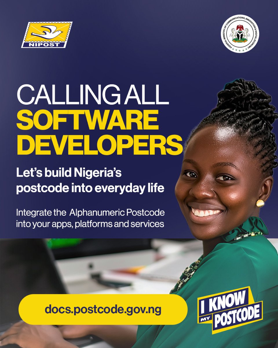 NipostNgn's tweet photo. Launching Nigeria’s National Digital Alphanumeric Postcode System is the first step. Its true impact will come as we weave it into how we live, do business, connect with one another and deliver services across every corner of our country.
Every postcode should mean something tangible: a customer reached, a delivery completed, a community better served, or help arriving where it is needed.
To our developers and innovators: let’s build on it. The API provides a foundation for integrating the postcode into the products and services Nigerians use every day.

📖 API documentation: https://t.co/3nfy4po9Po
🔗 Register your organisation: https://t.co/VxmhmlbwSu

To access the API:

1. Create an organisation account.
2. Submit your Know Your Business (KYB) documentation.
3. Request API access, specifying the access level you need.
4. Receive staging tokens to develop and test your integration.
5. Complete User Acceptance Testing (UAT) with NIPOST’s technical and compliance teams, where required.
6. Receive production tokens and go live.