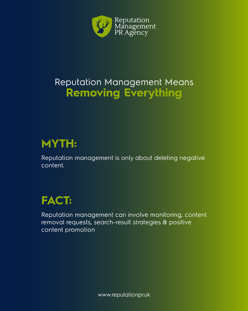 ReputationPR_UK's tweet photo. MYTH: Reputation management only means deleting negative content.

FACT: It can include monitoring, removal requests, search strategies and positive content promotion.

https://t.co/NsLkO6fexb

#MythVsFact #ReputationManagement #OnlineReputation #DigitalReputation #ContentRemoval https://t.co/MkSCw7DBKh