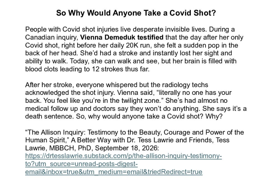 CCHFreedom's tweet photo. SO WHY WOULD ANYONE TAKE A COVID SHOT?

The Health Freedom Minute is presented daily by Twila Brase — President and Co-founder of Citizens’ Council for Health Freedom — and heard in 48 states Mon-Fri on more than 870 radio stations nationwide. 

Listen to today's Health Freedom Minute here: https://t.co/v7Zxj4GWnC