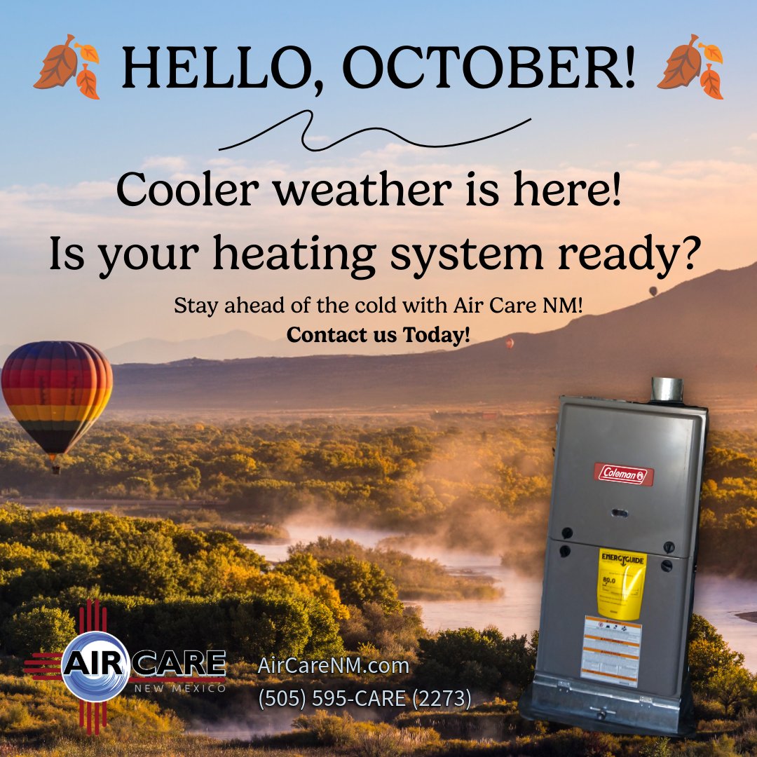 AirCare_NM's tweet photo. Now is a great time to make sure your furnace is clean, safe, and ready to keep you warm all season long. Contact AirCareNM if you need help. https://t.co/al4GvVqlZe or (505)595-2273 
#AirCareNM #HelloOctober #FurnaceReady #HVACMaintenance #NewMexicoHVAC #LocalBusiness https://t.co/IaEhbO6wlW