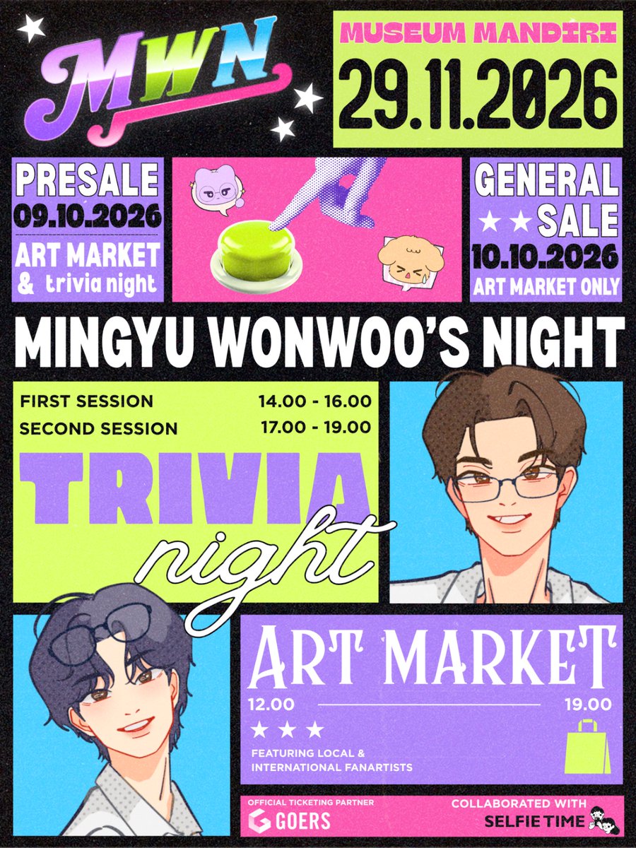 mwn__staff's tweet photo. Another round under the sun, it’s time for MWN 2.0.: MINGYU WONWOO’S NIGHT 💫

Join us on 29 November 2026 at Museum Mandiri.

🌟 Trivia Night + Art Market: 09/10/26 - 6 PM
🌟 Art Market Presale: 09/10/26 - 8 PM
🛍️ Art Market GenSale: 10/10/26 - 6 PM

Only on GOERS. 

#MWNight https://t.co/1allzsZrdL