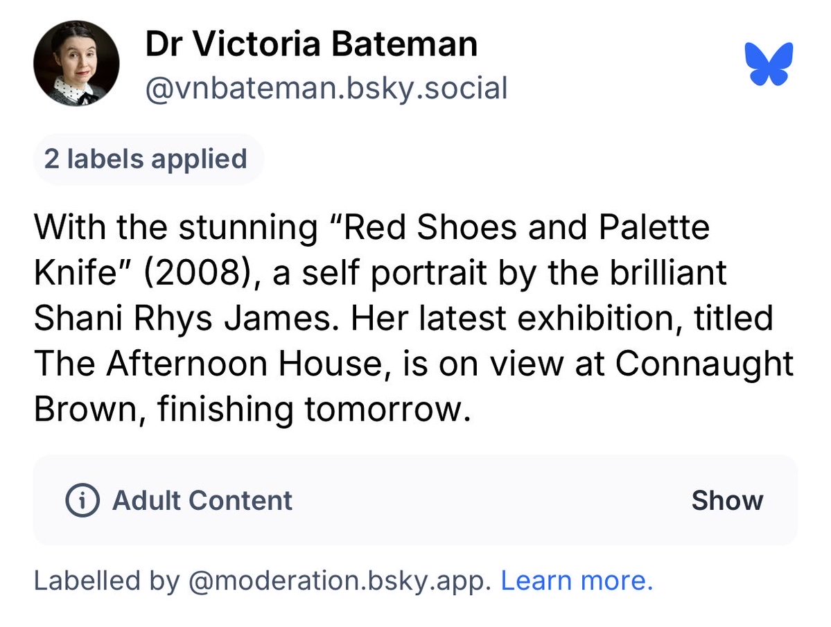 vnbateman's tweet photo. Very disappointed that this stunning self portrait by the brilliant Shani Rhys James has been labelled “adult content” on bsky for (apparently) being “sexually suggestive”. I have appealed. #censorship #artcensorship https://t.co/wh4PNeXMQl