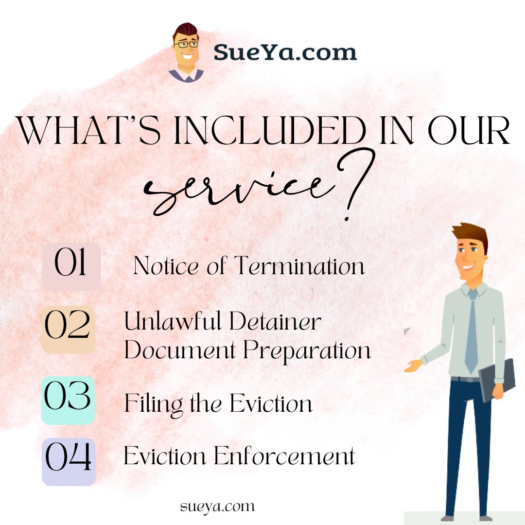 sueyadotcom's tweet photo. What’s included when filing an eviction?
Notice of Termination
Unlawful Detainer Preparation
Eviction Filing
Eviction Enforcement
Learn more: https://t.co/W3feWlerdh
.
.
.
#SueYa #Eviction #Landlords #California #LegalProcess https://t.co/JZxokPodL2