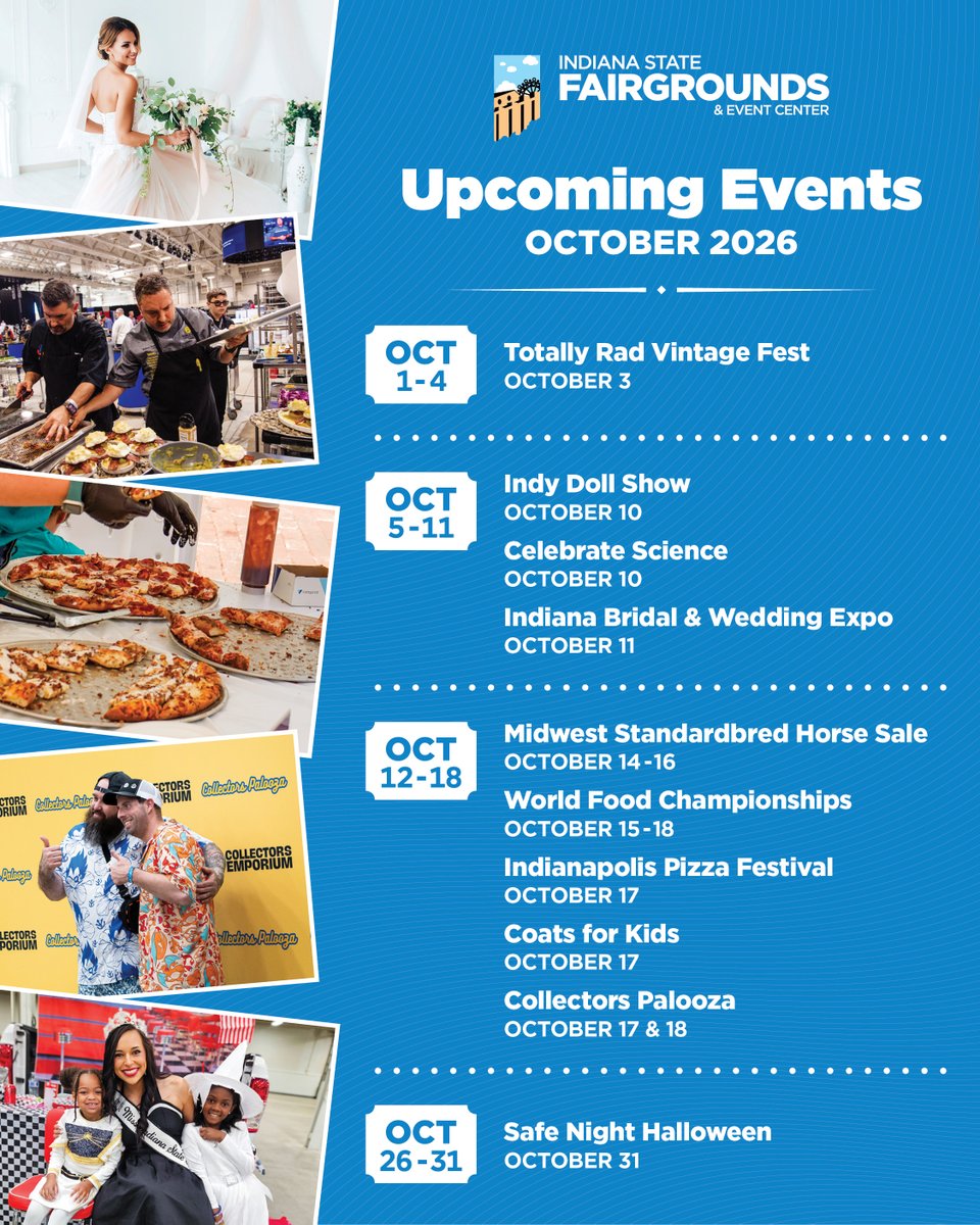 IndyStateFair's tweet photo. October is PACKED at the Indiana State Fairgrounds! 🍂🎃

The Indiana State Fairgrounds has a full month ahead with food, shopping, science, collectibles, Halloween fun and so much more. Which event are you adding to your calendar? Starting planning now ➡️ https://t.co/PRgmROnAzu https://t.co/LyARZe3kbO