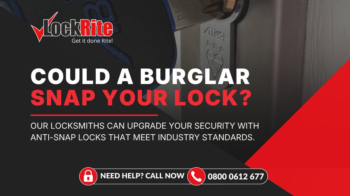 LockRiteLock's tweet photo. Could a burglar snap your lock? Our locksmiths can upgrade your security with anti-snap locks that meet industry standards. No call-out fee. Call 📞 0800 0612 677 or visit https://t.co/LaXJPvtPtG today. #homesecurity #locksmith #antisnap https://t.co/SShOyvBNn8