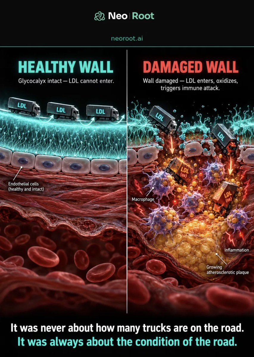 markkaplan20's tweet photo. I want you to look at this image and forget everything you have been told about cholesterol.

LDL is a truck. ApoB is its license plate. Your bloodstream is the highway.

Medicine counted trucks. Built drugs to remove trucks. Spent billions lowering truck counts.

75% of heart attack patients had normal truck counts.

Sachdeva et al. American Heart Journal, 2009. 136,905 patients.

The test missed the event three out of four times.

Nobody asked the obvious question. Why are the trucks crashing?

Because the road is falling apart. The arterial wall is damaged. The glycocalyx is destroyed. And once the wall breaks, it does not matter how many trucks you remove. New ones enter through the same holes.

You do not stop highway accidents by banning trucks.

You fix the road.

The truth heals