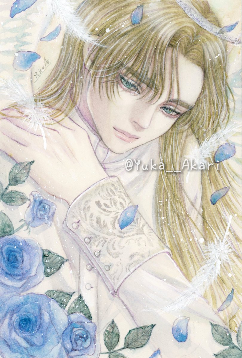 Yuka__Akari's tweet photo. #祈り導く君に救いを_作品紹介

薔薇(青)
「夢かなう」「奇跡」「神の祝福」

ショートヘアからロングヘアへと変貌を遂げた天使のお兄さん。
ロングの方が人外感が出たと思います🪽
青い花は参加が決まった時から描きたい！と思っていたので無事に仕上げられてホッとしました。 https://t.co/4YonlDNxTV