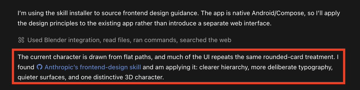 Tabish_taabu's tweet photo. I asked Codex to use a better frontend skill because your's sucks.

It is now using Claude's Frontend skill. 🤣 https://t.co/R5OtbdOKug