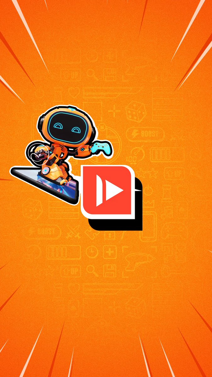 A digital illustration featuring an orange robot character with glowing blue eyes holding a game controller, standing on a smartphone, next to a red play button icon on an orange background with radiating lines.