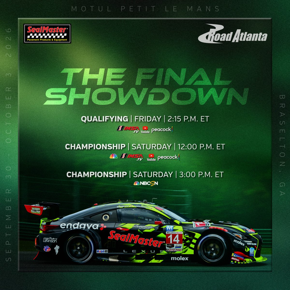 SealMasterNet's tweet photo. The @IMSA season wraps up at Road Atlanta! 🏁

Watch @vassersullivan close out the season as the No. 12 and No. 14 battle it out at @RoadAtlanta for #MotulPetitLeMans! https://t.co/L314z0iLJm