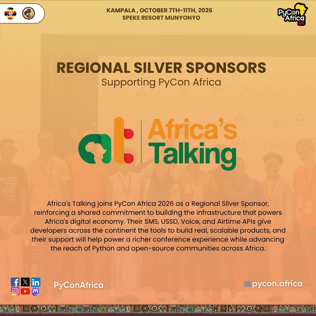 pyconafrica's tweet photo. Say hello to Africa's Talking, our Regional Silver Sponsor for PyCon Africa 2026 🥈

The APIs behind SMS, USSD, Voice &amp; Airtime across Africa.
Thanks for backing us.

Kampala, October 7 - 11. https://t.co/wrIxpUGzSo