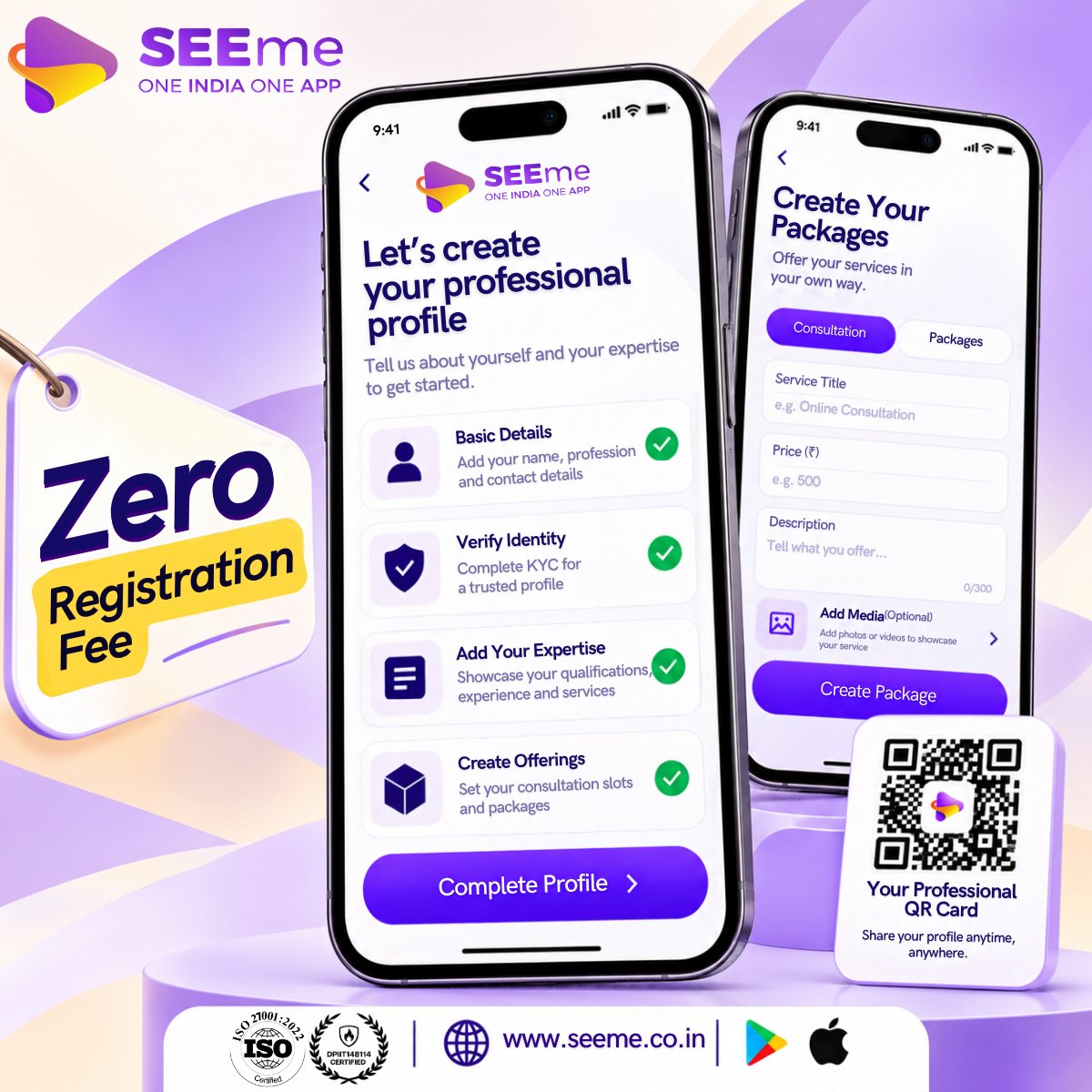 SEEme_co_in's tweet photo. Zero registration fee. One profile to showcase what you do.
Create your professional profile, add services & packages, and share your SEEme QR card anywhere.
Put your expertise where people can discover it.
📲 Join https://t.co/ZOzMe7MN5A
#SEEme #Professionals https://t.co/t38ZzcFQoq