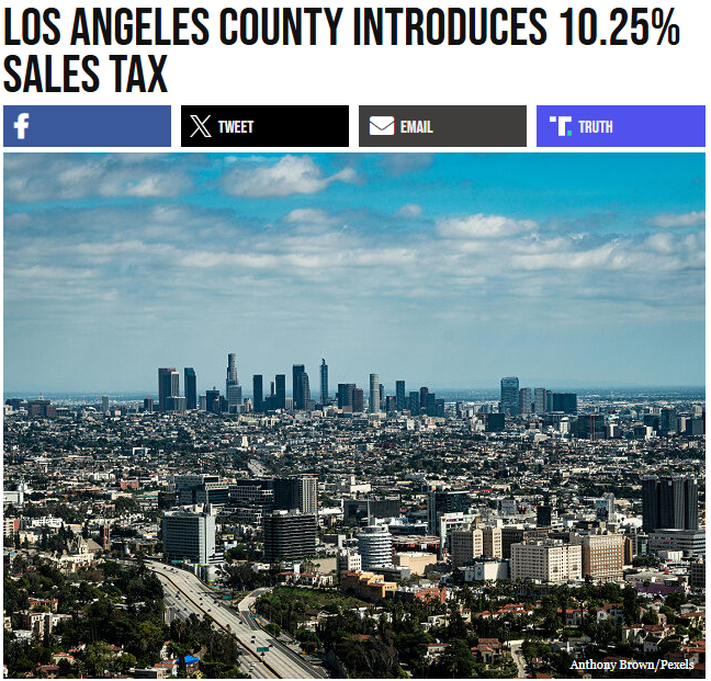 GuntherEagleman's tweet photo. 10.25% JUST TO BUY THE BASICS IN LOS ANGELES.

Democrats in LA County are slapping families with a 10.25% sales tax while gas is over $6 and rent is through the roof. 

They keep raising taxes and the streets keep getting worse, because the problem was never a lack of money. It's the people spending it. 

No wonder everyone who can afford to leave California is moving to Texas.