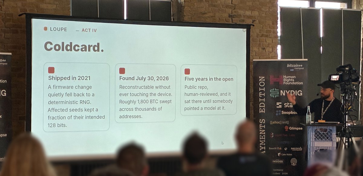 matthewvuk2's tweet photo. Elias Rohrer (@_tnull) presents the @COLDCARDwallet incident as the pivotal moment that “prompted” everyone to start scanning repos with Kimi K3. 

The “report flood” ensued. Bitcoin Core had 1000+ reports. None critical. 

@ProjectLoupe @btcplusplus https://t.co/N8ASuDE4bu