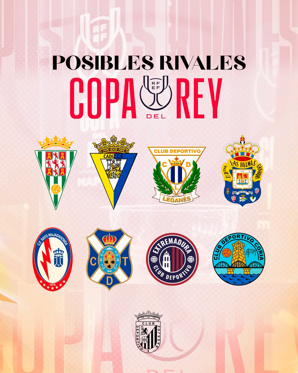CDBadajoz's tweet photo. El lunes conoceremos nuestro camino en la Copa del Rey.

Posibles rivales: Córdoba, Cádiz, Leganés, Las Palmas, Tenerife, Rayo Majadahonda, Extremadura o Coria.

📅 LUNES | 13:00H
🎱 SORTEO DE LA PRIMERA RONDA

Y vosotros, ¿a quién queréis ver en el Nuevo Vivero?

👇 ¡Os leemos! https://t.co/Sn2crBJ2t1