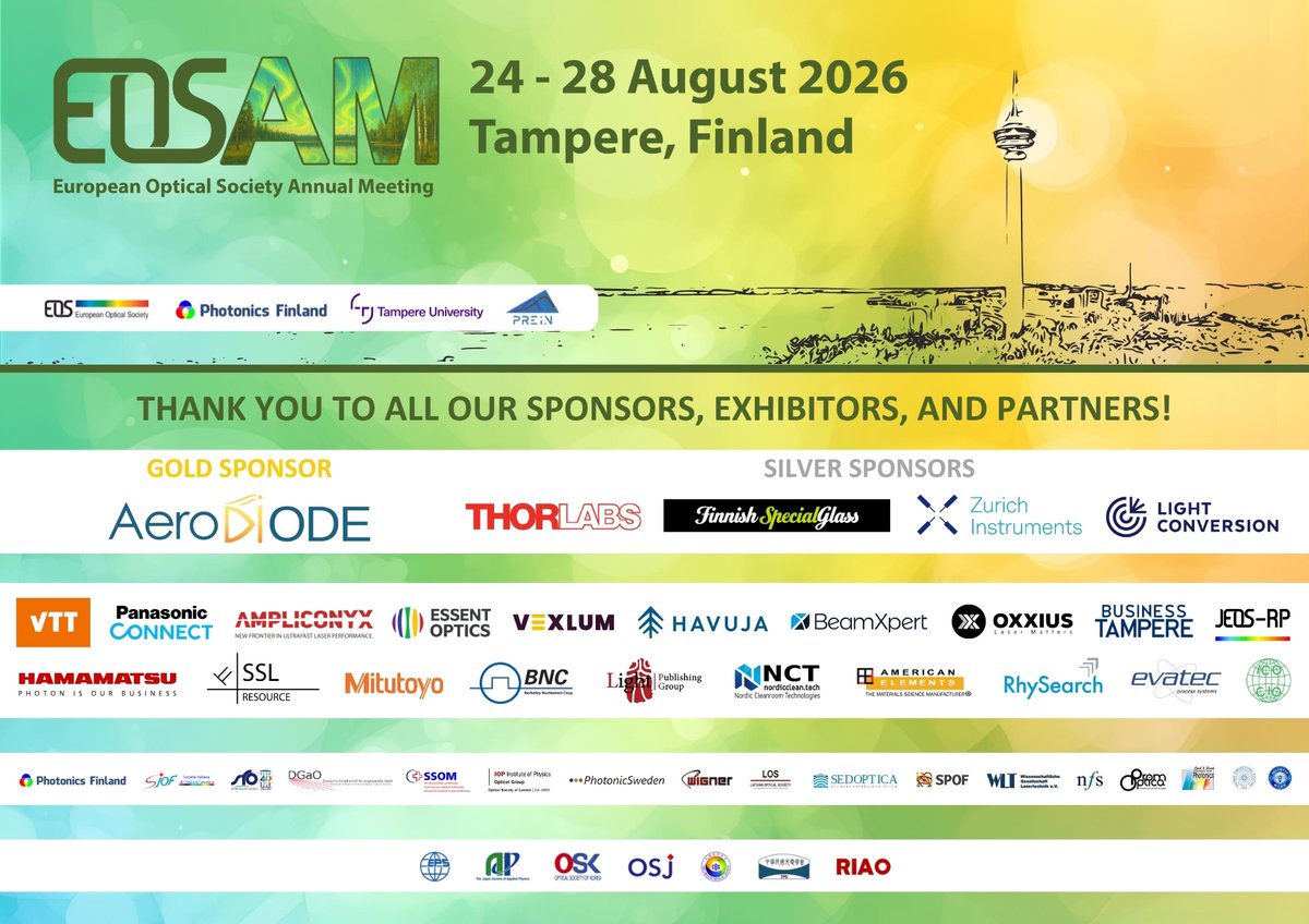 EOS_AM's tweet photo. Rounding out our #EOSAM2026 thank-yous! 🙌

A huge thank you to our sponsors, all 23 exhibiting companies, and our EOS national societies &amp; partners for their support and contribution to the EOS community. You helped make EOSAM 2026 a truly memorable week!

#Optics #Photonics https://t.co/KbLB79fIWz