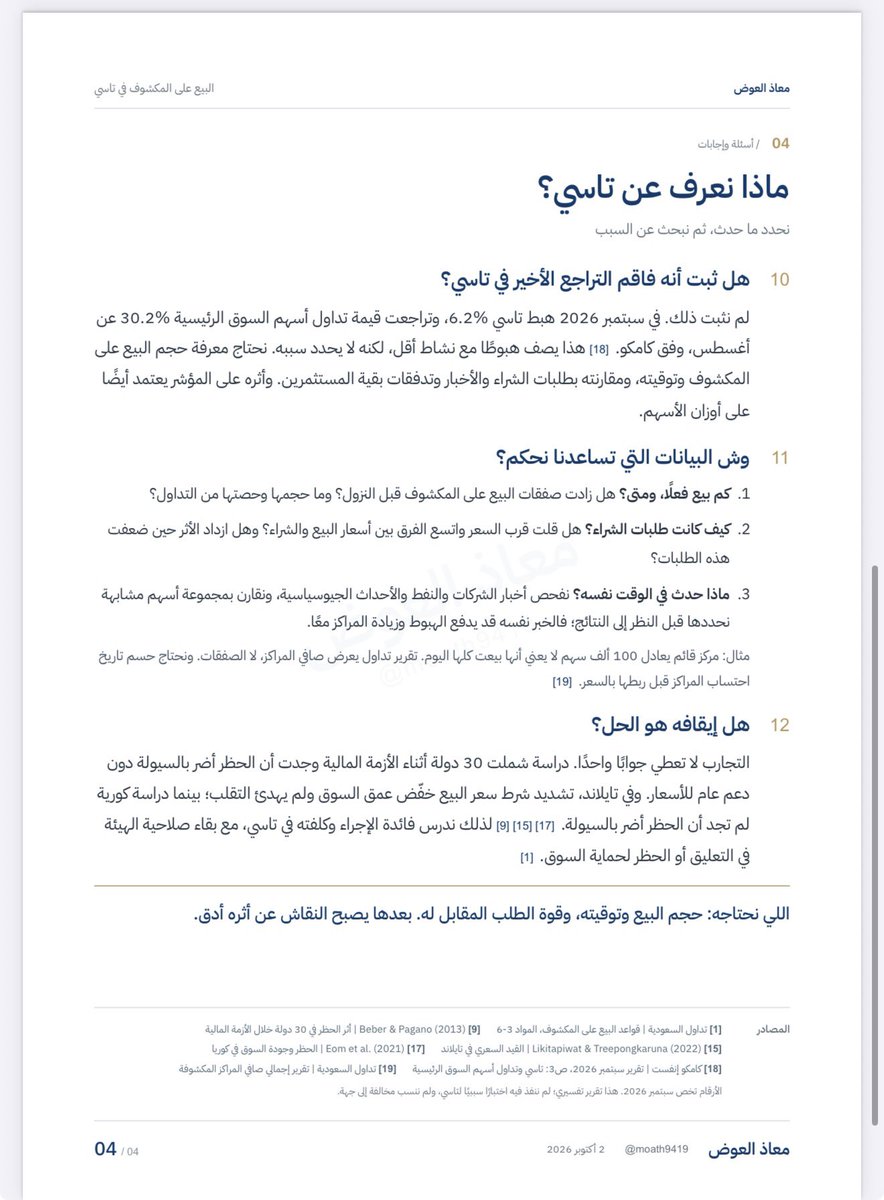 moath9419's tweet photo. هل البيع على المكشوف يساهم في هبوط تاسي؟

طيب، إذا كانت طلبات الشراء ضعيفة.. وش يصير لما يدخل بيع إضافي؟ وهل ممكن البيع عند الارتدادات يزيد الضغط على السهم؟

وإذا كانت الأداة أسهل للمؤسسات وأصعب على الأفراد، وش أثر اختلاف الفرص والشروط؟

والسؤال الأهم: إذا زادت المراكز المكشوفة مع النزول، هل هذا يعني أنها سببت الهبوط؟ وهل إيقافها يحل المشكلة؟

في المرفق ناقشت هالأسئلة في 4 صفحات، مع دراسات وتجارب أسواق ثانية، ووش نحتاج من بيانات حتى نحكم على تاسي ✍️