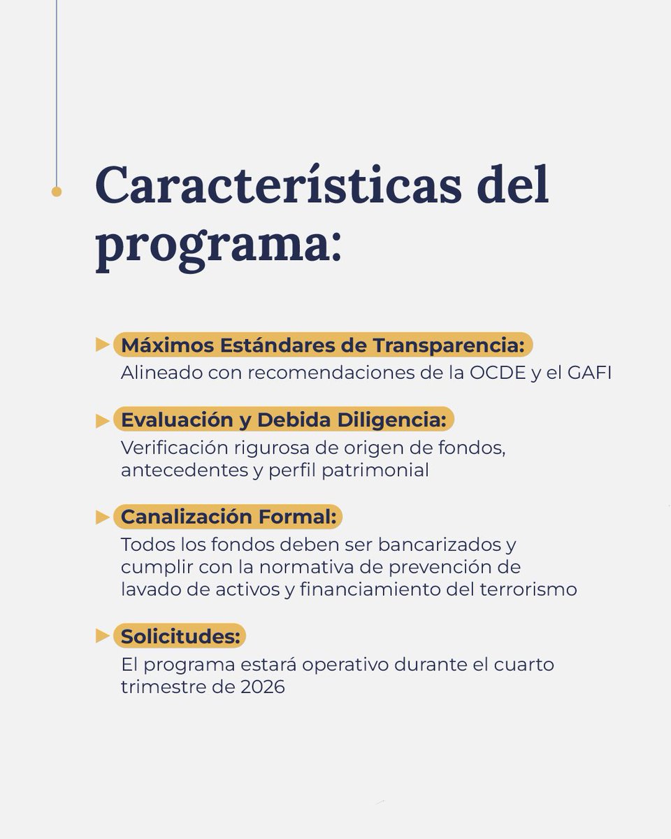 MinEconomia_Ar's tweet photo. PUESTA EN MARCHA DEL PROGRAMA DE CIUDADANÍA POR INVERSIÓN DE ARGENTINA

La iniciativa busca promover la llegada de capitales y consolidar la integración internacional del país bajo un marco transparente y alineado con los más altos estándares globales de la OCDE y el GAFI.

El esquema contempla un proceso de evaluación riguroso conducido por la Agencia de Programas de Ciudadanía por Inversión junto a la SIDE, la UIF y los Ministerios de Seguridad e Interior, garantizando la trazabilidad de los fondos, la prevención del lavado de activos y la seguridad nacional.

El programa estará operativo para recibir solicitudes durante el cuarto trimestre de 2026.

Más información 👇
https://t.co/jaP6PfwVq2
