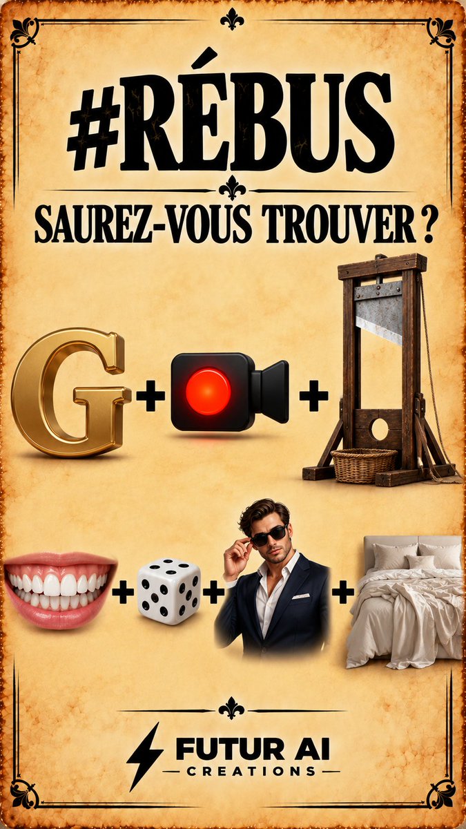 Benjamin_Sibuet's tweet photo. Rébus spécial actu 👀🧠

Vous reconnaissez de qui il s’agit ?
Et surtout… vous trouvez la phrase complète ? 😏

Laissez réfléchir les autres 😂
Merci d’attendre au moins 30 minutes avant de donner la réponse en commentaire.

#GregGuillotin #rebus #devinette #actualite #humour https://t.co/az0lgeiGxM