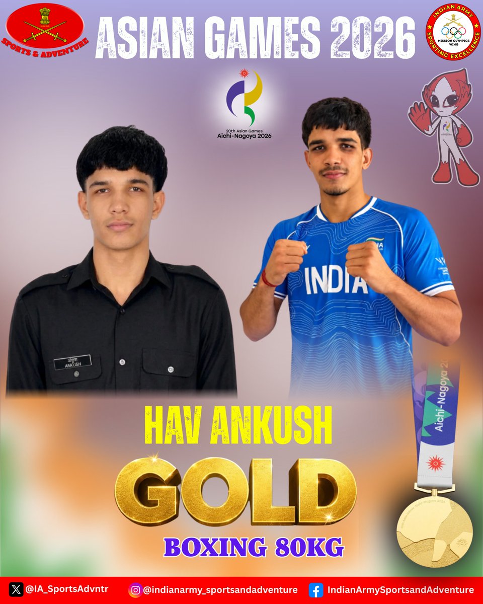 IA_SportsAdvntr's tweet photo. Golden Boy of #IndianArmy Strikes Gold on his debut Asian Games outing 

Havildar Ankush Panghal clinches the Gold Medal 🥇 in the Men’s 80kg #Boxing event, defeating South Korea’s Kim Minseong 4–0 in the final.

With this historic triumph, Ankush becomes the first Indian male boxer since Amit Pangha (2018) to win an Asian Games Gold.

Adding another golden chapter to an outstanding season, Ankush follows up his #CommonwealthGames2026 #Gold with an #AsianGames Gold 🥇- completing a remarkable back-to-back triumph at two major international championships.

His fearless boxing, determination and consistency have once again brought glory to the Nation and the #IndianArmy.

#MissionOlympicsWing 
#ArmySportsControlBoard
#AsianGames2026
#Cheer4Bharat
#TeamIndia

@adgpi
@SpokespersonMoD 
@HQ_IDS_India
@IndiaSports
@NorthernComd_IA 
@easterncomd 
@westerncomd_IA
@SWComd_IA
@IaSouthern
