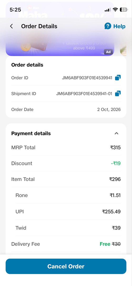 MouryaK7's tweet photo. @JioMart I placed the order and expected to get delivered at 5:00 PM and not yet delivered, now it is 5:30 PM. Pls cancel the order, I placed it from elsewhere and it was delivered. https://t.co/8uIwsJNOOP