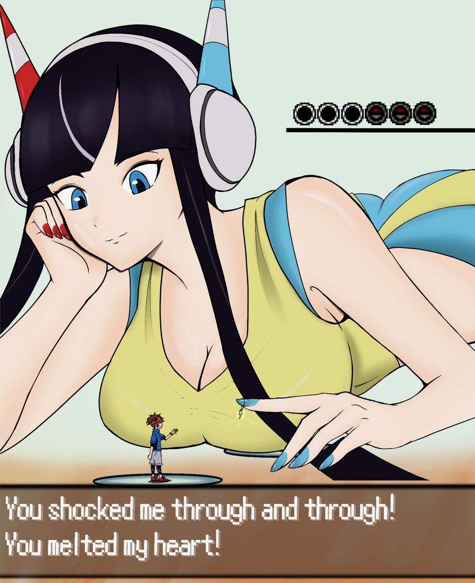 HugSizeable's tweet photo. Elesa's Gym Battle
Nate won the battle (and her heart it seems), time to "collect" his medal from our playful gigantic gym leader!

#Pokemonart #pokemon #elesa https://t.co/MDvTdH1Kr0