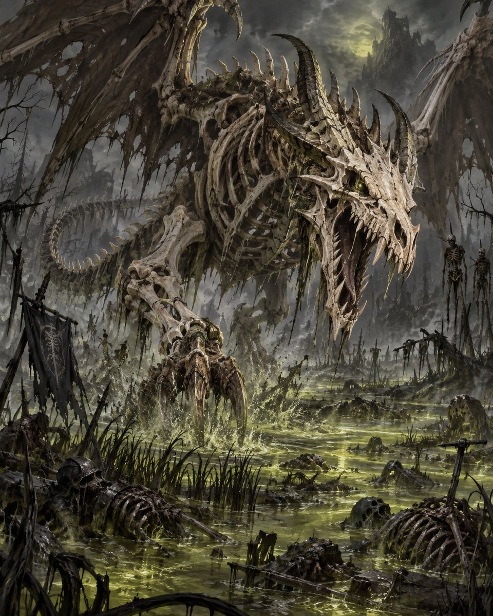 XjasmineY's tweet photo. たまには記念日以外も！
スカルドラゴンです🦴

「スカルドラゴンが出た？あの沼地、別に忌み地とかじゃないでしょ？」
「聞いたところ、間抜けな死霊使いが制御に失敗したらしい」
「はぁ、まったく面倒なことをしてくれますね…」
ー依頼を受けた冒険者一行のやり取り
#AIイラスト #創作ドラゴン https://t.co/KIH2XaT7PW