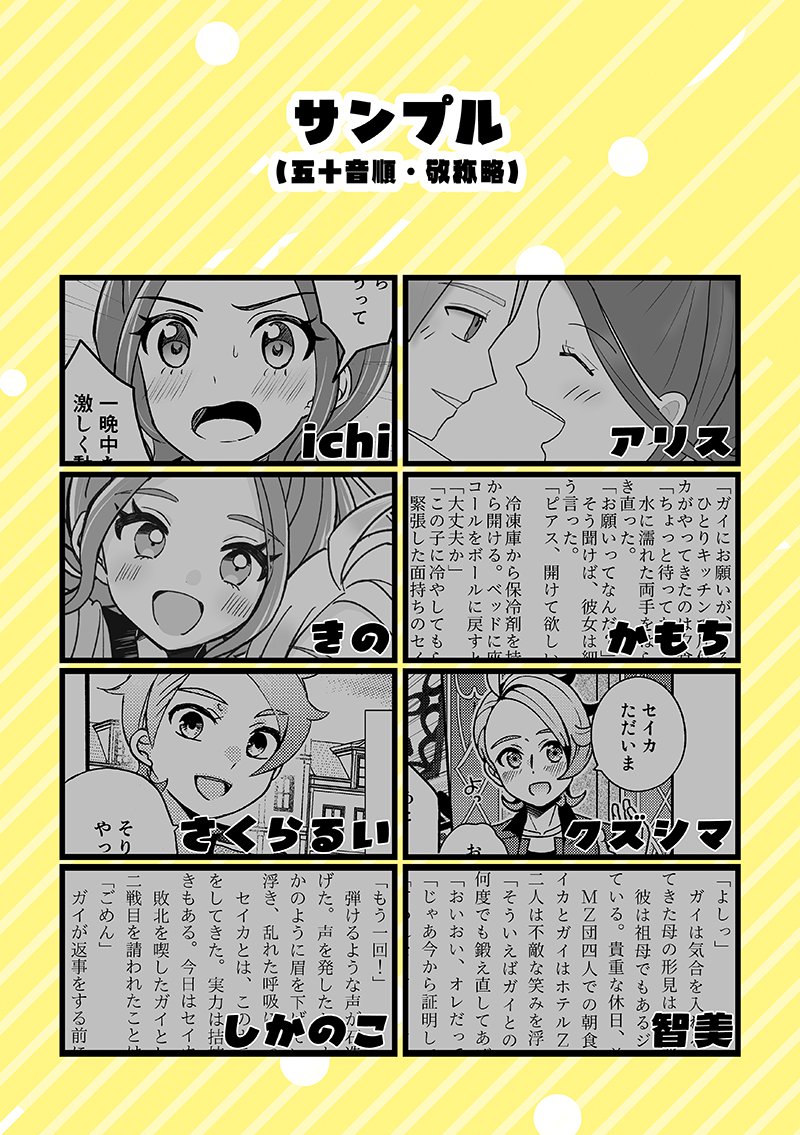 kuzu_kimagure's tweet photo. 【執筆者様紹介/1】
（五十音順/敬称略）
アリス（@Alice_1532）
ichi（@ichi_nj）
かもち（@kamojyaku）
きの（@kino_pupi）
クズシマ（@kuzu_kimagure）
さくらるい（@pf_rui）
智美（@satomineta）
しかのこ（@shica_noco） https://t.co/ftp58EM7ls